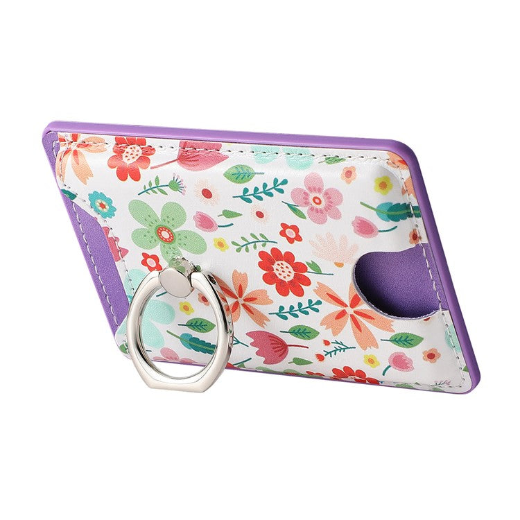 Ring Holder Kickstand Card Bag Flower Print PU Leather Adhesive Phone Card Slot - Purple