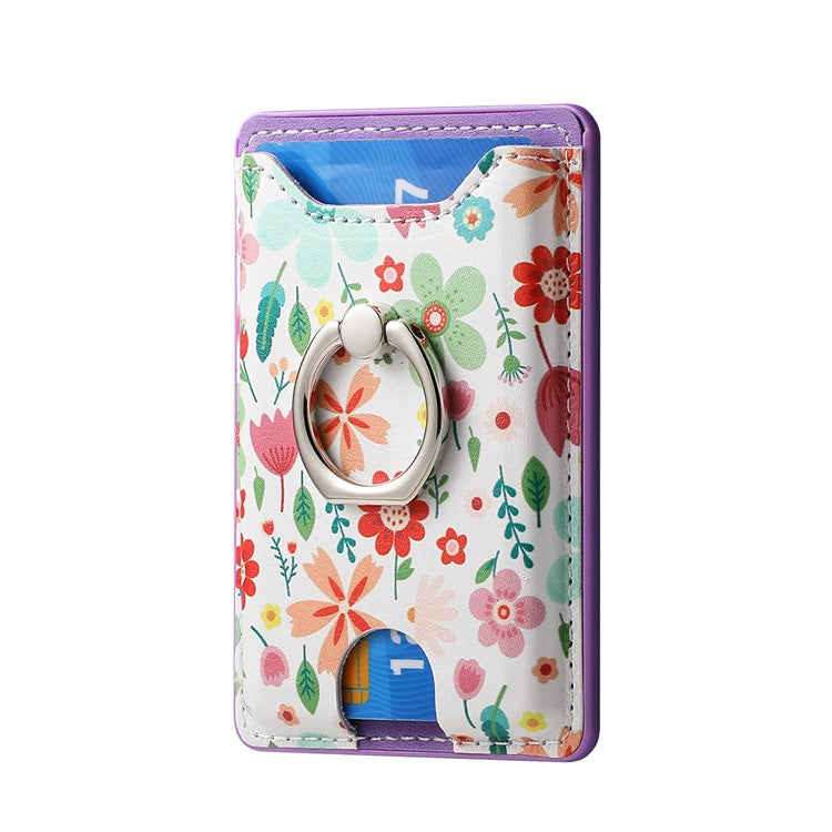 Ring Holder Kickstand Card Bag Flower Print PU Leather Adhesive Phone Card Slot - Purple