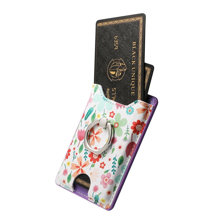 Ring Holder Kickstand Card Bag Flower Print PU Leather Adhesive Phone Card Slot - Purple