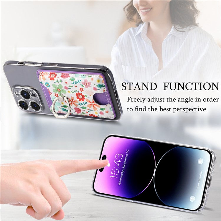 Ring Holder Kickstand Card Bag Flower Print PU Leather Adhesive Phone Card Slot - Purple