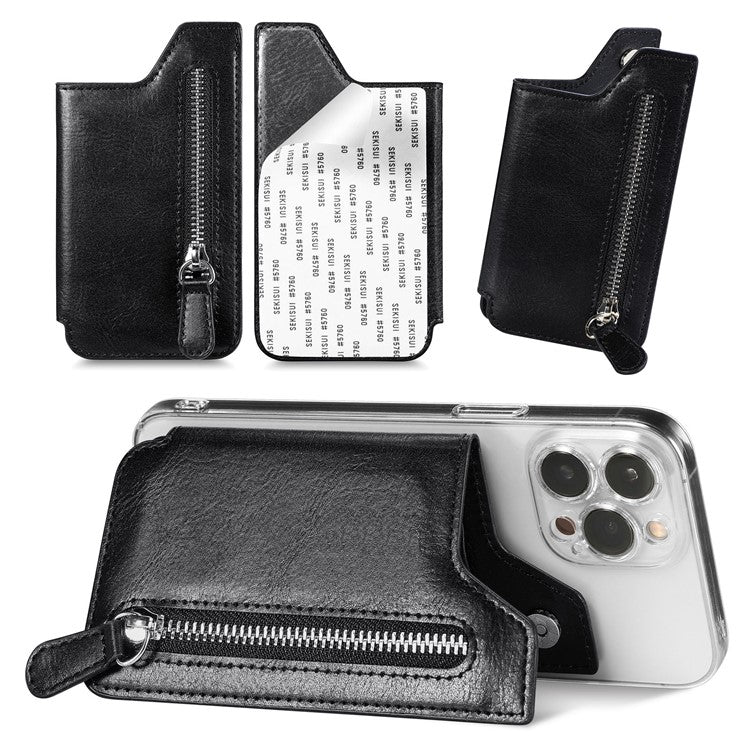 Retro Texture PU Leather Zipper Card Holder Bag Adhesive Kickstand Zipper Wallet - Black