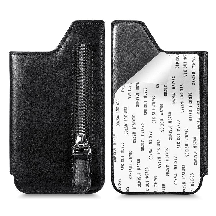 Retro Texture PU Leather Zipper Card Holder Bag Adhesive Kickstand Zipper Wallet - Black