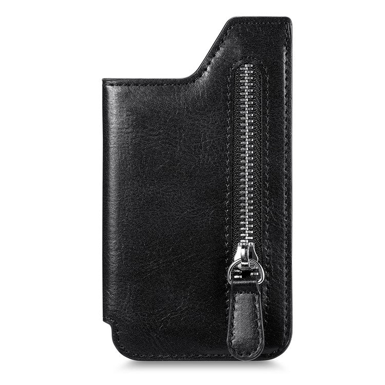 Retro Texture PU Leather Zipper Card Holder Bag Adhesive Kickstand Zipper Wallet - Black