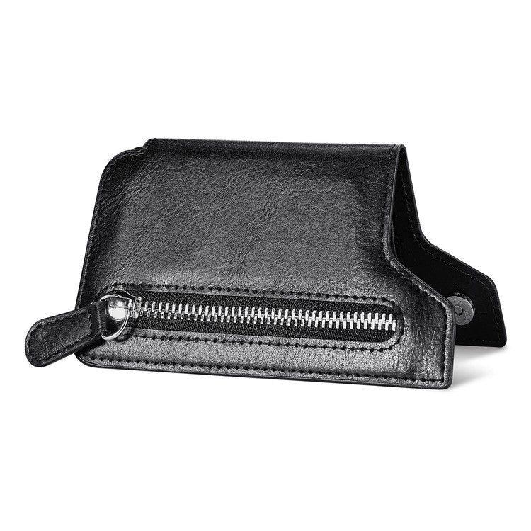 Retro Texture PU Leather Zipper Card Holder Bag Adhesive Kickstand Zipper Wallet - Black