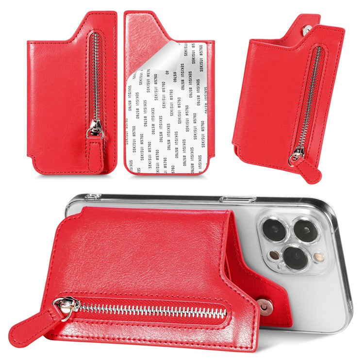 Retro Texture PU Leather Zipper Card Holder Bag Adhesive Kickstand Zipper Wallet - Red