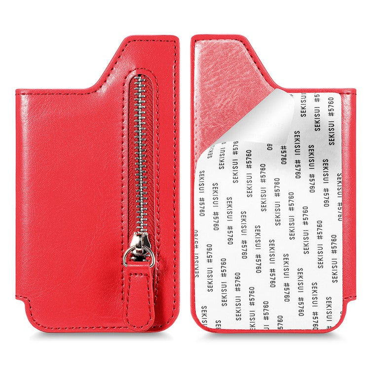 Retro Texture PU Leather Zipper Card Holder Bag Adhesive Kickstand Zipper Wallet - Red