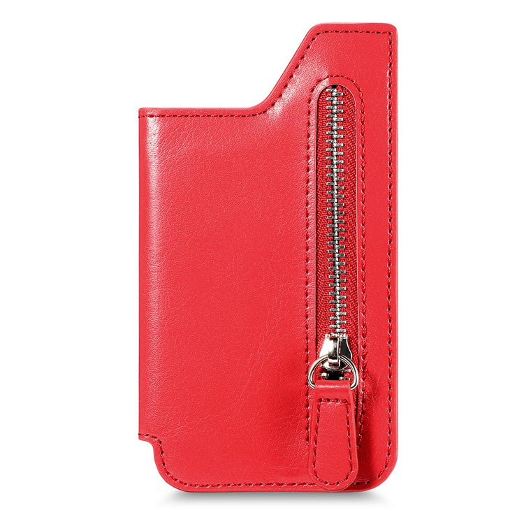 Retro Texture PU Leather Zipper Card Holder Bag Adhesive Kickstand Zipper Wallet - Red