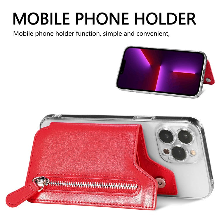 Retro Texture PU Leather Zipper Card Holder Bag Adhesive Kickstand Zipper Wallet - Red