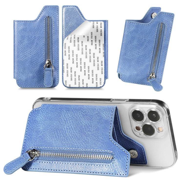 Retro Texture PU Leather Zipper Card Holder Bag Adhesive Kickstand Zipper Wallet - Blue