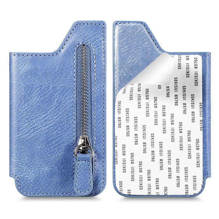 Retro Texture PU Leather Zipper Card Holder Bag Adhesive Kickstand Zipper Wallet - Blue