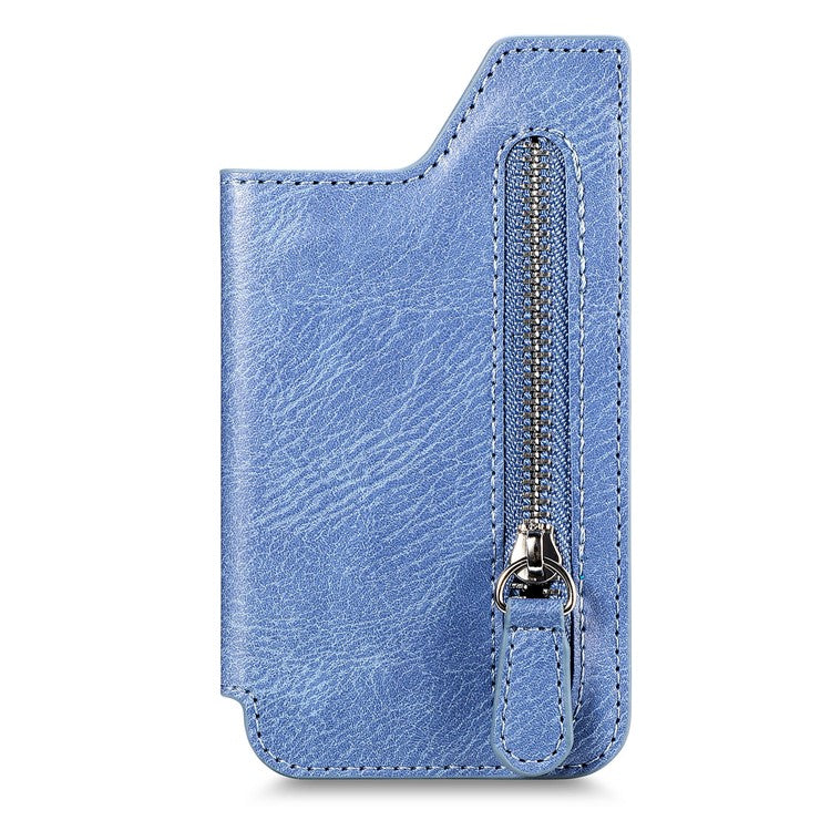 Retro Texture PU Leather Zipper Card Holder Bag Adhesive Kickstand Zipper Wallet - Blue