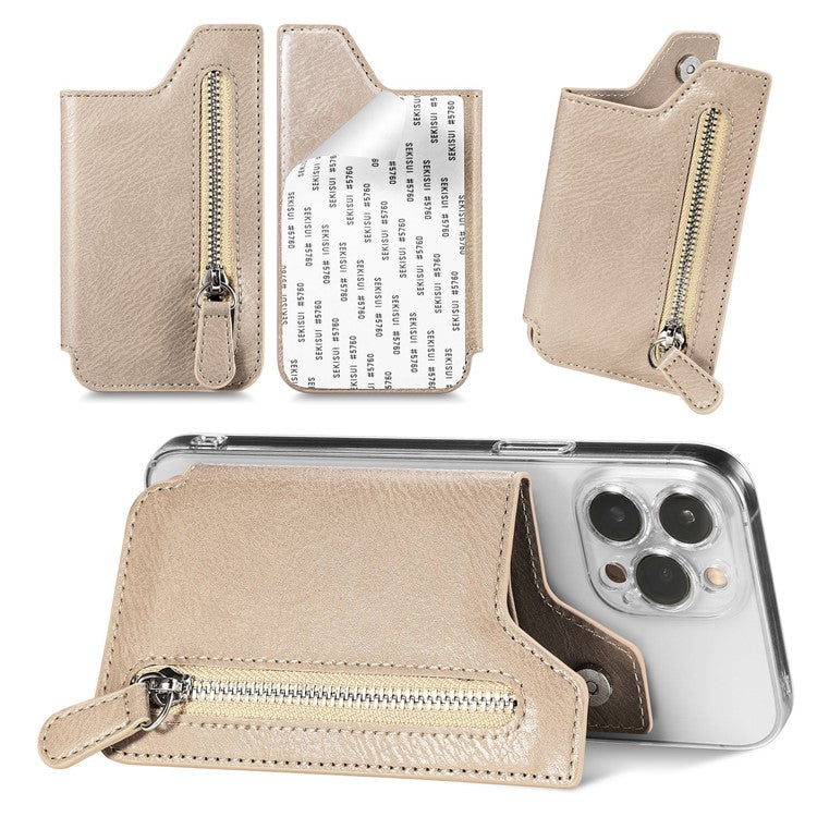 Retro Texture PU Leather Zipper Card Holder Bag Adhesive Kickstand Zipper Wallet - Khaki