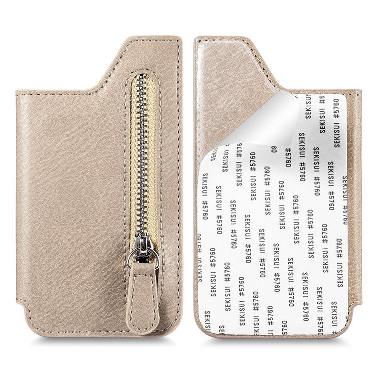 Retro Texture PU Leather Zipper Card Holder Bag Adhesive Kickstand Zipper Wallet - Khaki