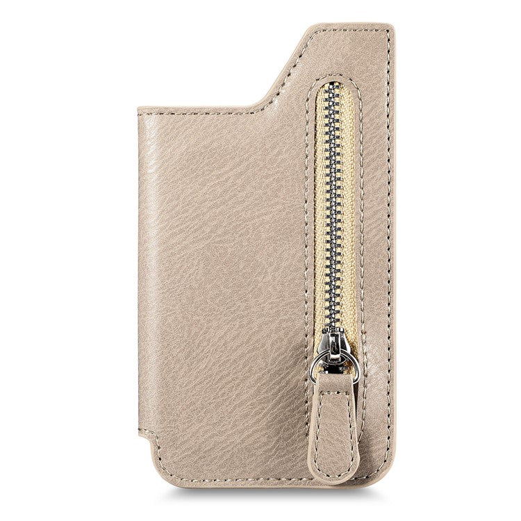 Retro Texture PU Leather Zipper Card Holder Bag Adhesive Kickstand Zipper Wallet - Khaki