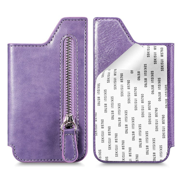 Retro Texture PU Leather Zipper Card Holder Bag Adhesive Kickstand Zipper Wallet - Purple