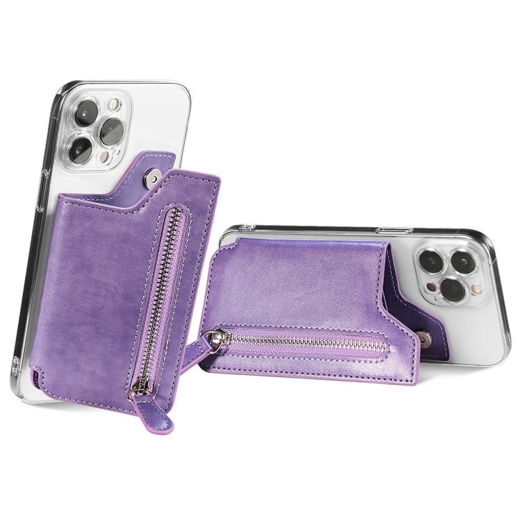 Retro Texture PU Leather Zipper Card Holder Bag Adhesive Kickstand Zipper Wallet - Purple