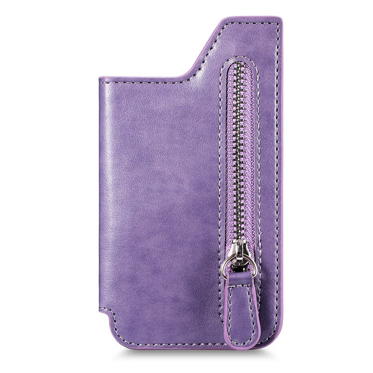 Retro Texture PU Leather Zipper Card Holder Bag Adhesive Kickstand Zipper Wallet - Purple