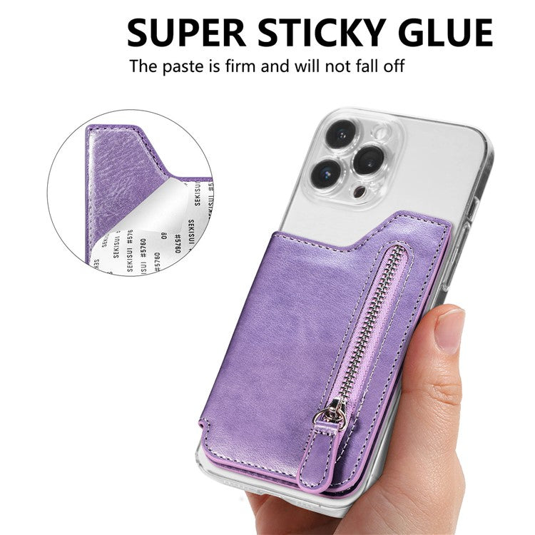 Retro Texture PU Leather Zipper Card Holder Bag Adhesive Kickstand Zipper Wallet - Purple