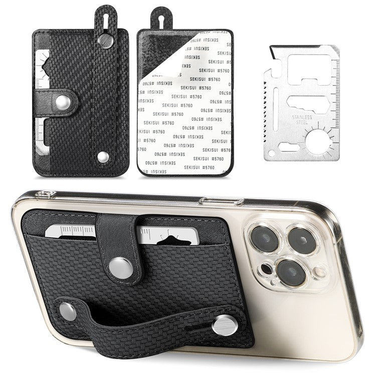 Carbon Fiber Phone Card Holder Wristband Kickstand Leather Card Bag with Card Knife - Black