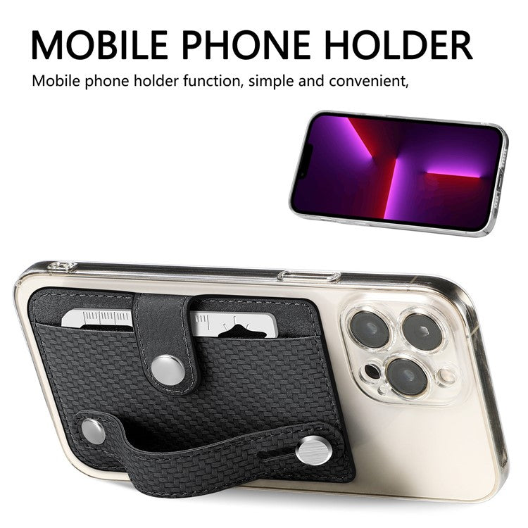 Carbon Fiber Phone Card Holder Wristband Kickstand Leather Card Bag with Card Knife - Black