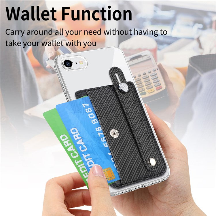 Carbon Fiber Phone Card Holder Wristband Kickstand Leather Card Bag with Card Knife - Black