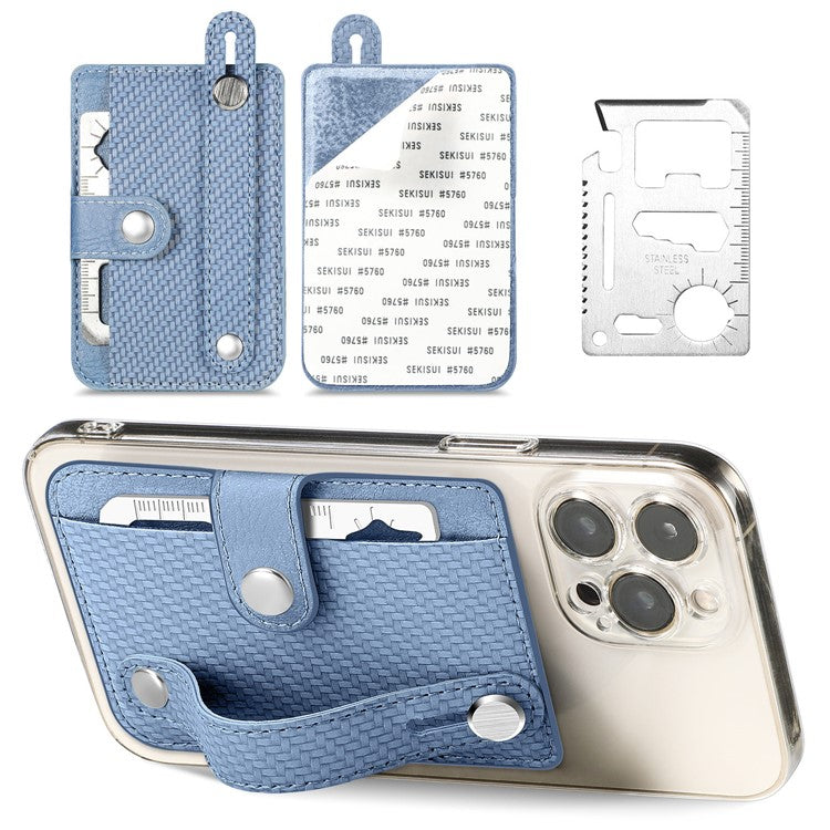 Carbon Fiber Phone Card Holder Wristband Kickstand Leather Card Bag with Card Knife - Blue