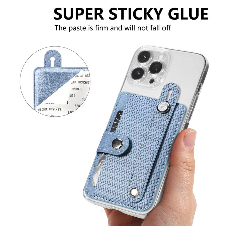 Carbon Fiber Phone Card Holder Wristband Kickstand Leather Card Bag with Card Knife - Blue