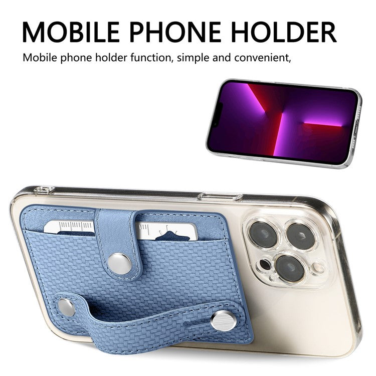 Carbon Fiber Phone Card Holder Wristband Kickstand Leather Card Bag with Card Knife - Blue