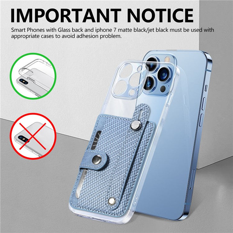 Carbon Fiber Phone Card Holder Wristband Kickstand Leather Card Bag with Card Knife - Blue