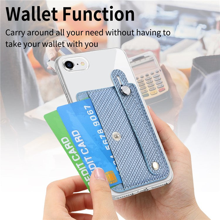 Carbon Fiber Phone Card Holder Wristband Kickstand Leather Card Bag with Card Knife - Blue