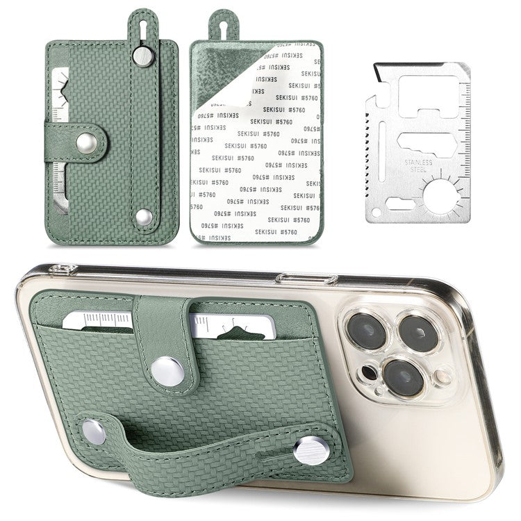 Carbon Fiber Phone Card Holder Wristband Kickstand Leather Card Bag with Card Knife - Green