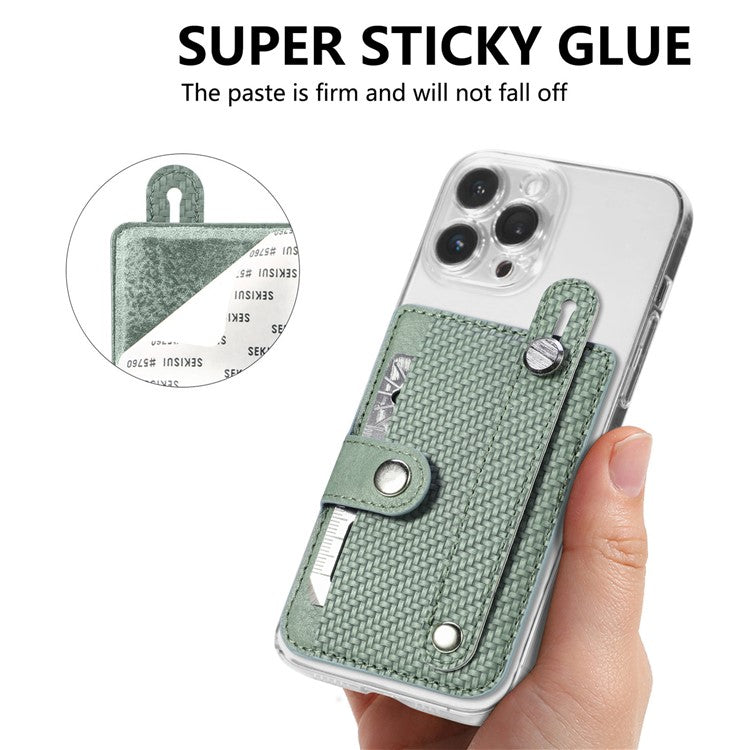 Carbon Fiber Phone Card Holder Wristband Kickstand Leather Card Bag with Card Knife - Green