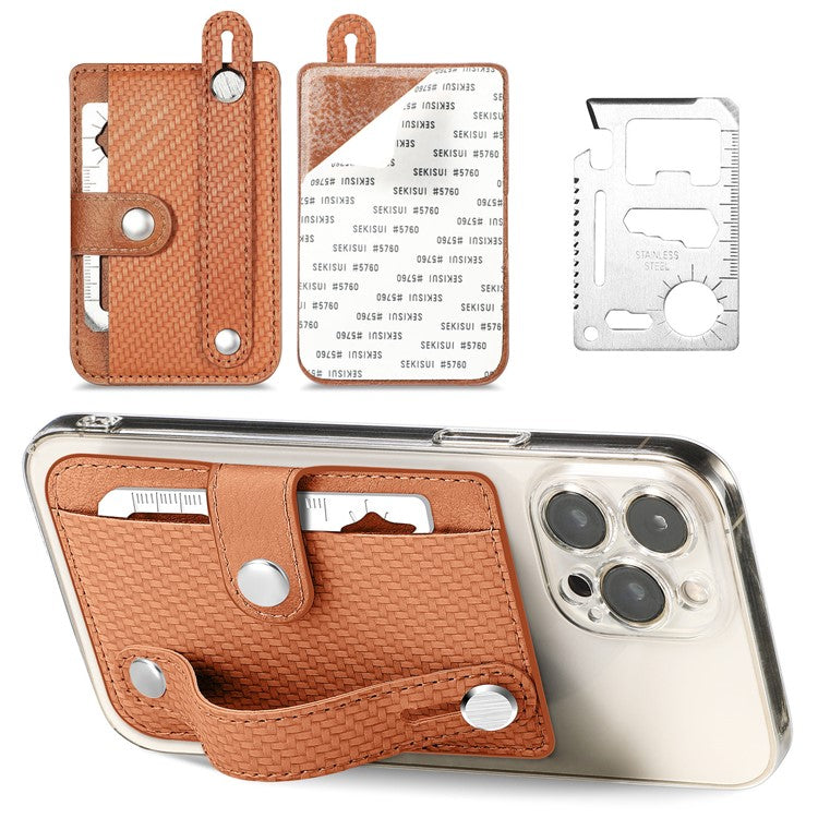 Carbon Fiber Phone Card Holder Wristband Kickstand Leather Card Bag with Card Knife - Brown