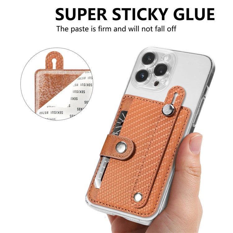 Carbon Fiber Phone Card Holder Wristband Kickstand Leather Card Bag with Card Knife - Brown