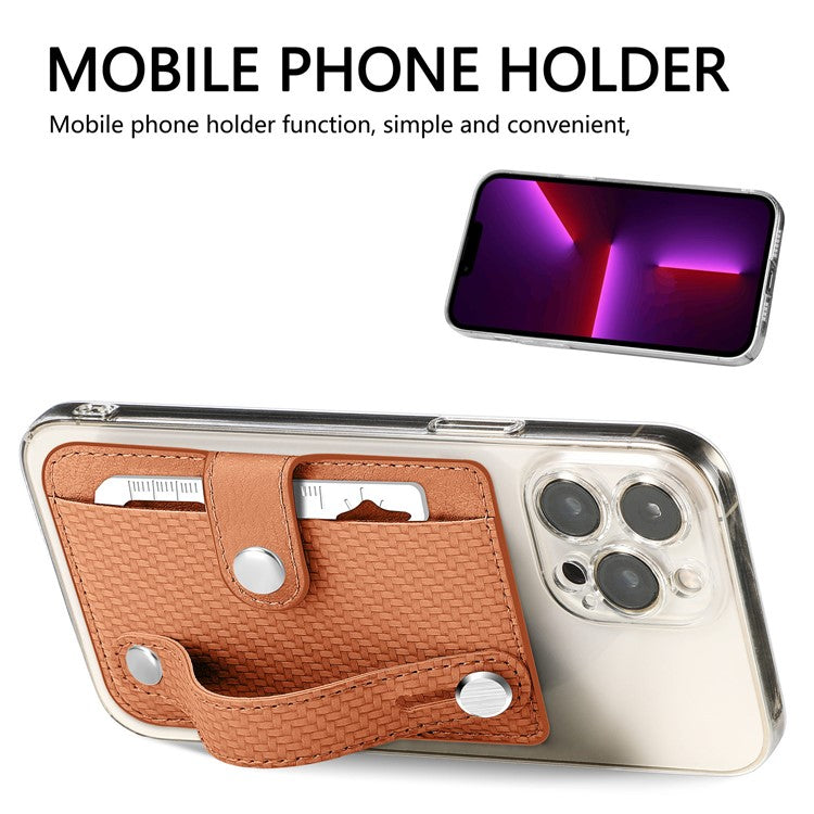 Carbon Fiber Phone Card Holder Wristband Kickstand Leather Card Bag with Card Knife - Brown