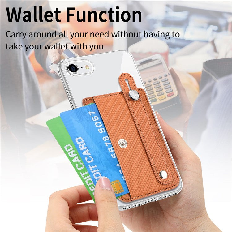 Carbon Fiber Phone Card Holder Wristband Kickstand Leather Card Bag with Card Knife - Brown