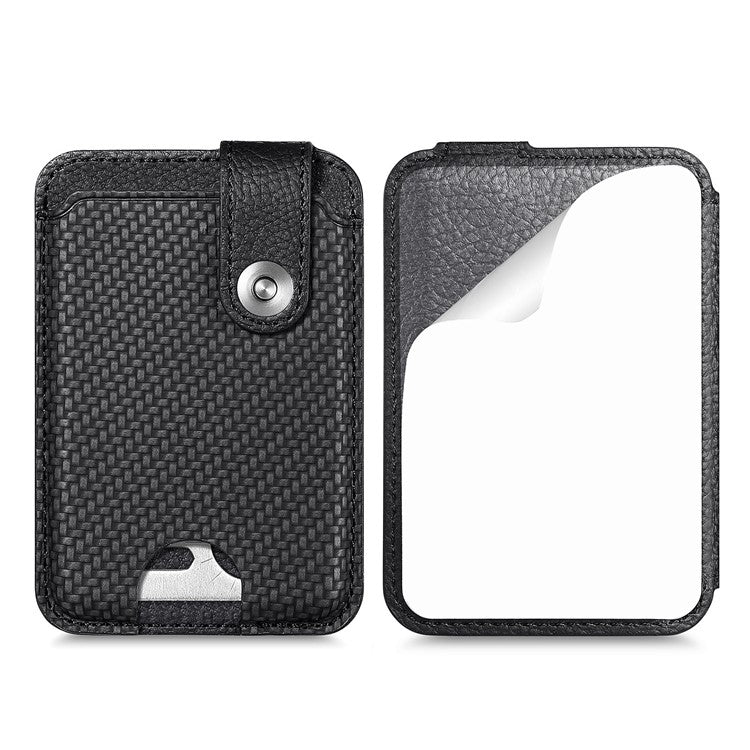 Phone Card Holder Carbon Fiber Texture Kickstand Adhesive PU Leather Card Bag - Black