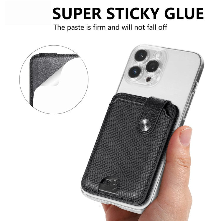 Phone Card Holder Carbon Fiber Texture Kickstand Adhesive PU Leather Card Bag - Black