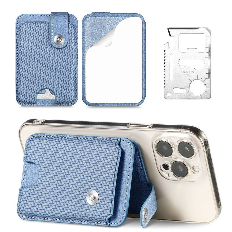 Phone Card Holder Carbon Fiber Texture Kickstand Adhesive PU Leather Card Bag - Blue