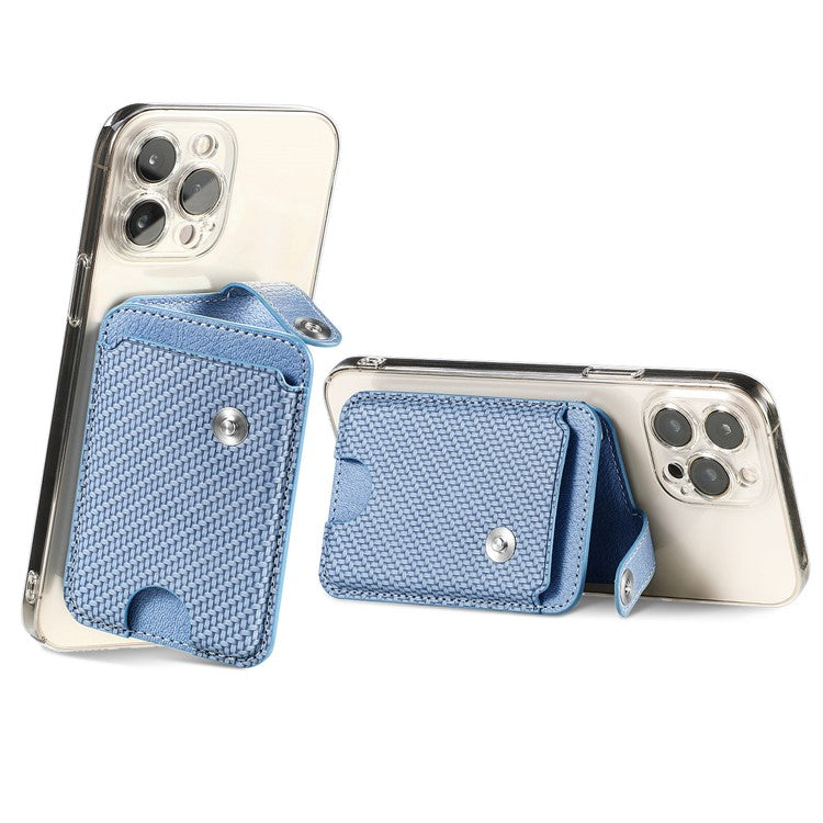 Phone Card Holder Carbon Fiber Texture Kickstand Adhesive PU Leather Card Bag - Blue