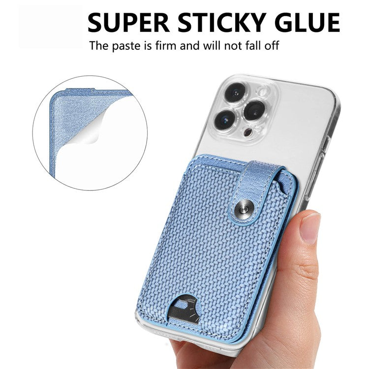 Phone Card Holder Carbon Fiber Texture Kickstand Adhesive PU Leather Card Bag - Blue