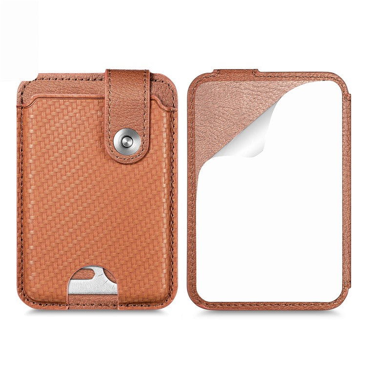 Phone Card Holder Carbon Fiber Texture Kickstand Adhesive PU Leather Card Bag - Brown