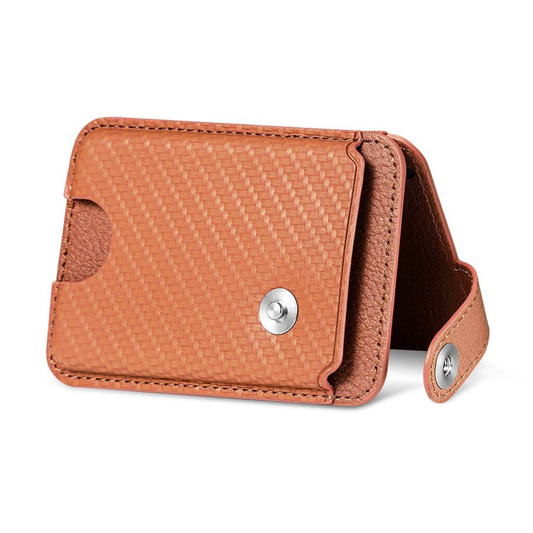 Phone Card Holder Carbon Fiber Texture Kickstand Adhesive PU Leather Card Bag - Brown