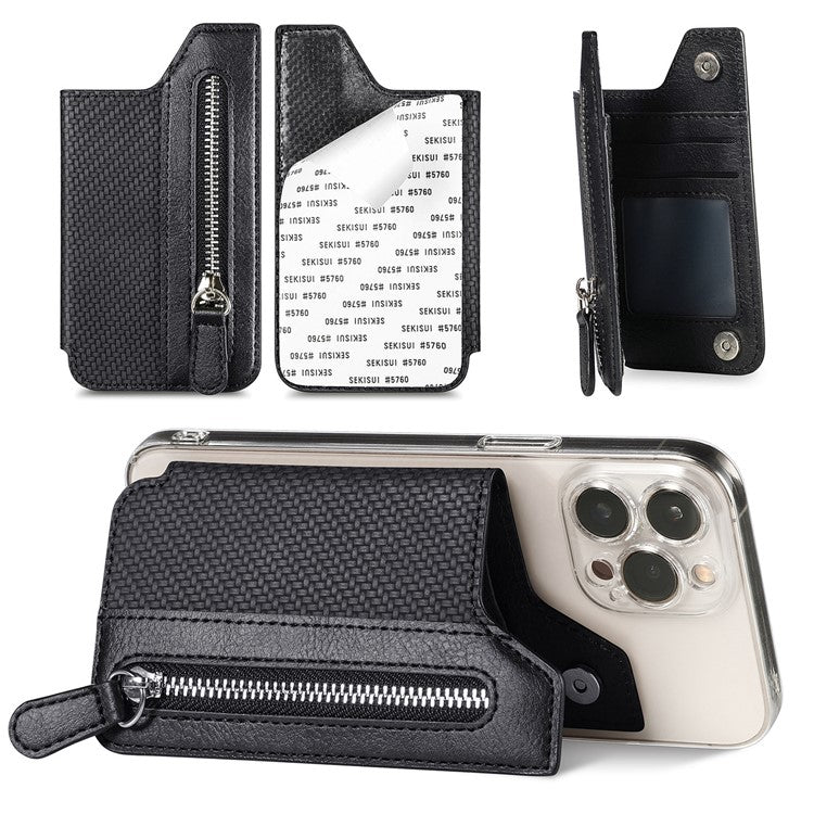 Zipper Card Holder Bag Kickstand Carbon Fiber Texture Leather Zipper Wallet - Black