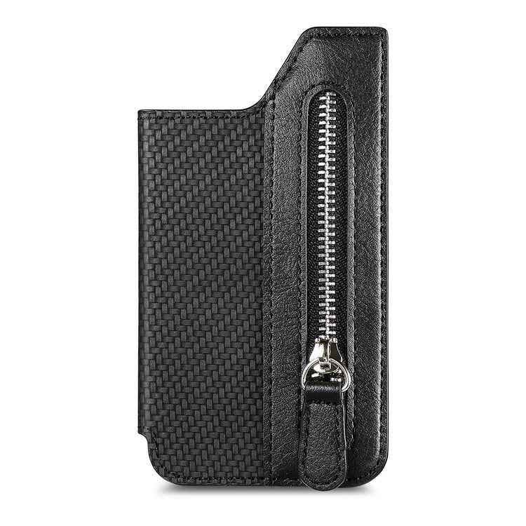 Zipper Card Holder Bag Kickstand Carbon Fiber Texture Leather Zipper Wallet - Black