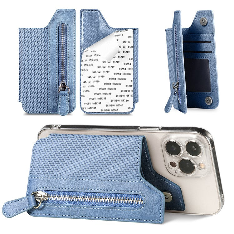 Zipper Card Holder Bag Kickstand Carbon Fiber Texture Leather Zipper Wallet - Blue