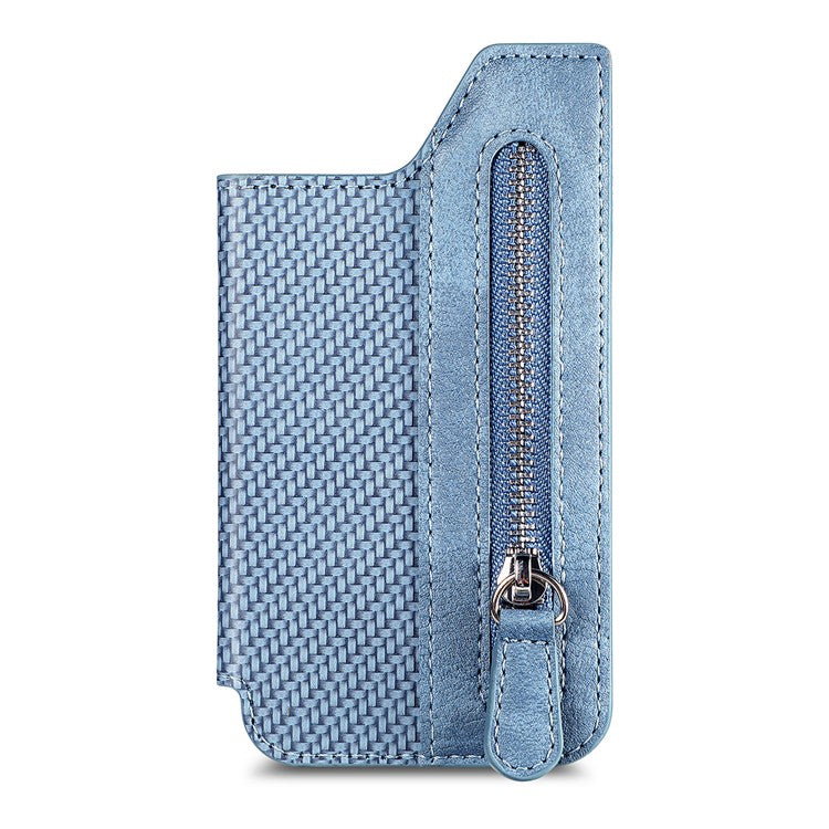 Zipper Card Holder Bag Kickstand Carbon Fiber Texture Leather Zipper Wallet - Blue