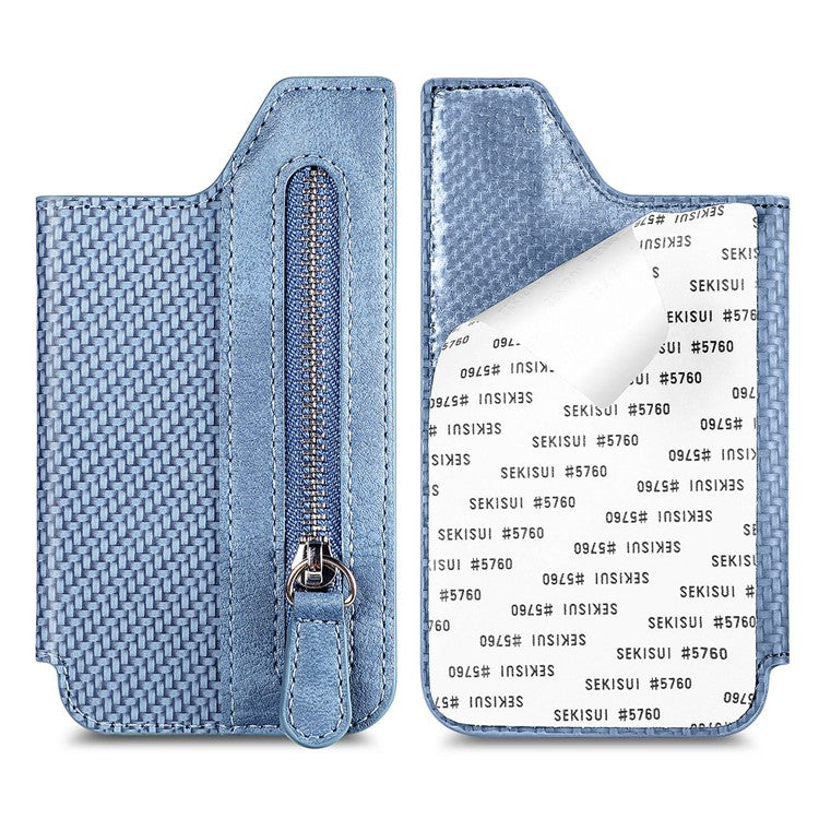 Zipper Card Holder Bag Kickstand Carbon Fiber Texture Leather Zipper Wallet - Blue