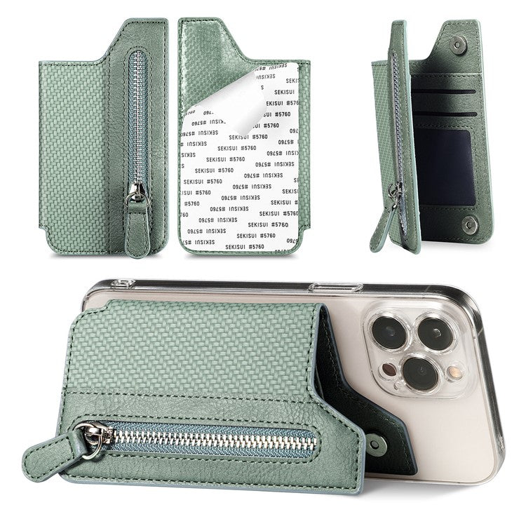 Zipper Card Holder Bag Kickstand Carbon Fiber Texture Leather Zipper Wallet - Green