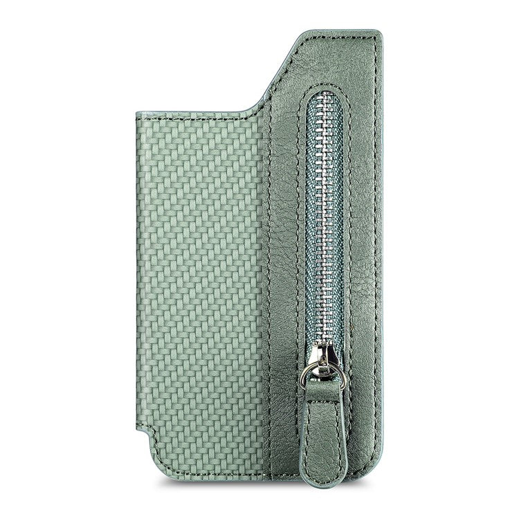 Zipper Card Holder Bag Kickstand Carbon Fiber Texture Leather Zipper Wallet - Green